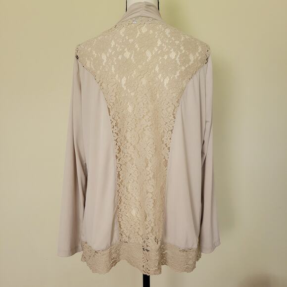 Susan Graver L Beige Cardigan Long Sleeve Open Front Lace Stretch Sweater - Picture 6 of 16